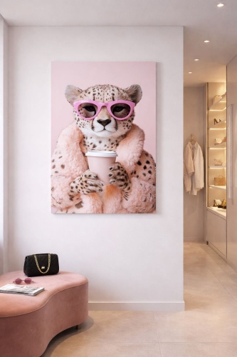 Araystudio.kz картина Интерьерная на холсте Гепард в розовой шубе с кофе - fashion illustration 50x70 см