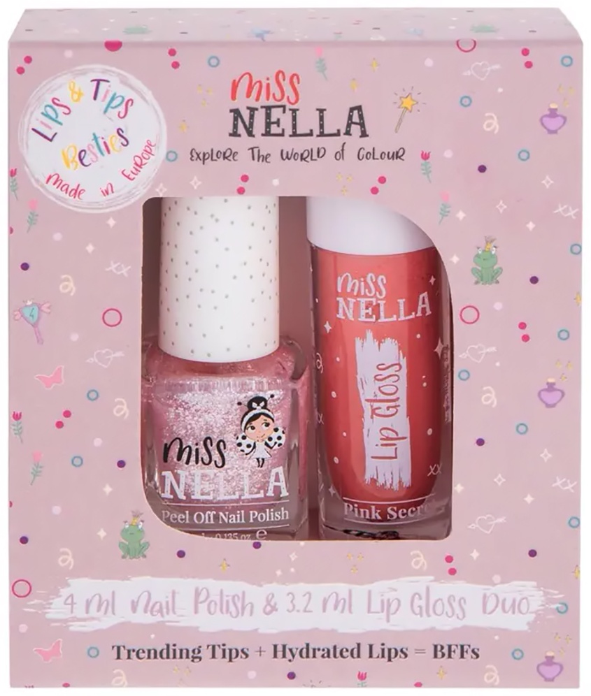 Miss Nella Бальзам для губ и лак для ногтей Lips & Tips Duo Lip Gloss Pink Secret + MN18 набор 3+