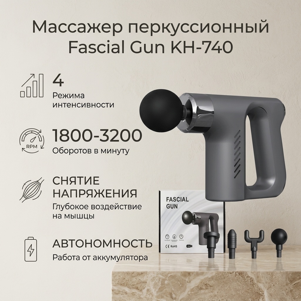 Массажер Fascial Gun KH-740 ручной вибрационный, пульсирующий, перкуссионный
