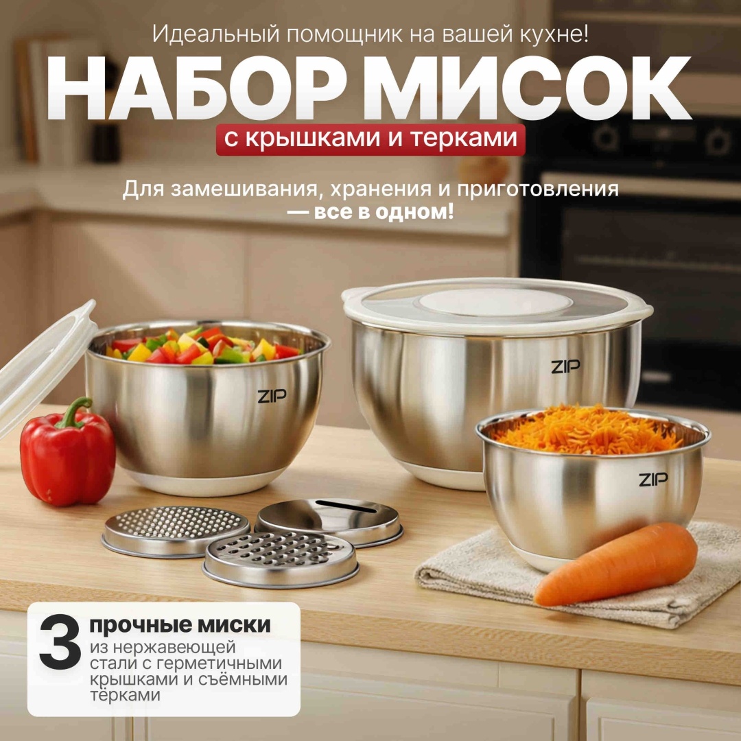 Набор мисок ZIP 25х15 см, нержавеющая сталь, силикон, 3 шт