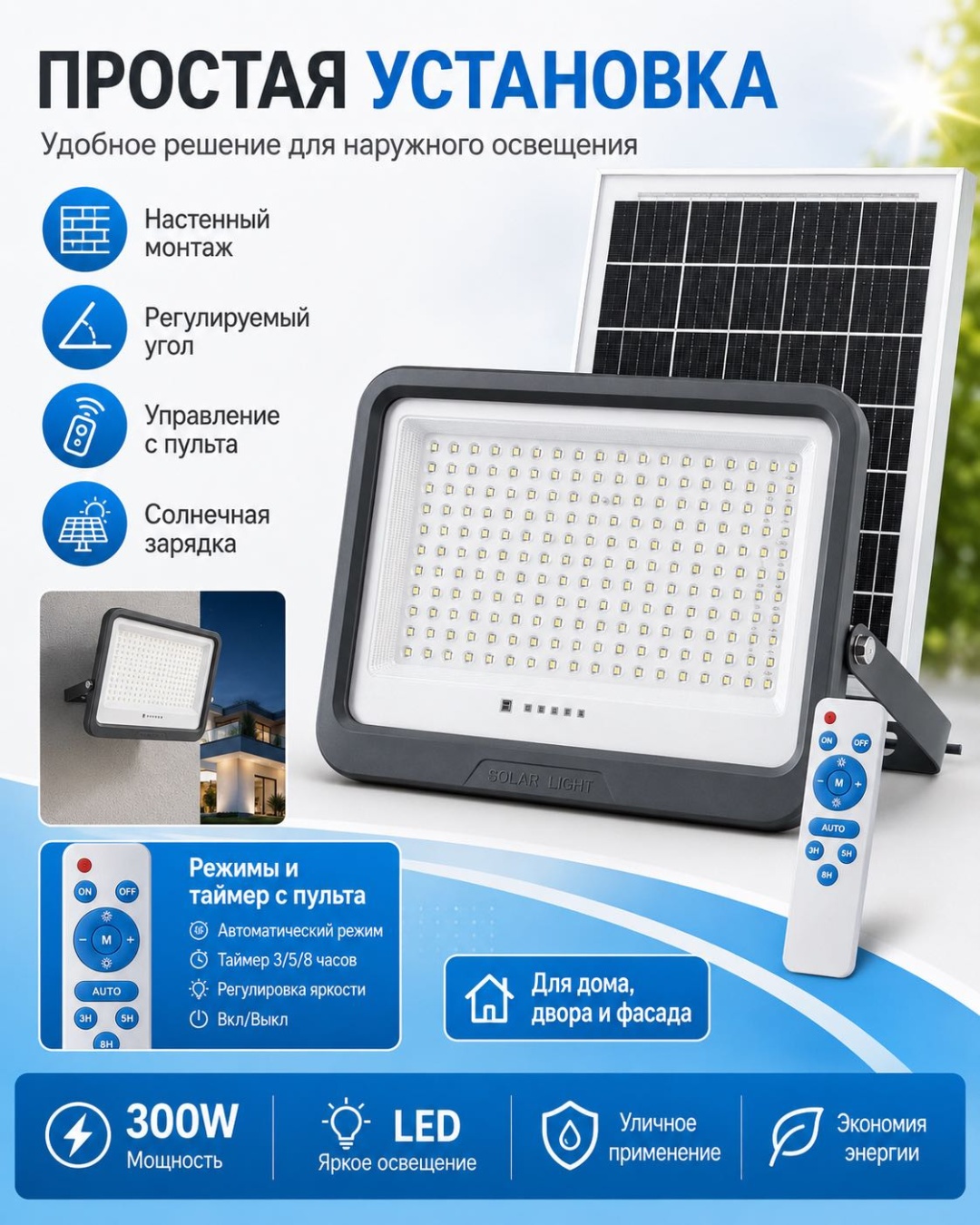 Уличный светильник настенное Solar light LED 300 Вт 28 см
