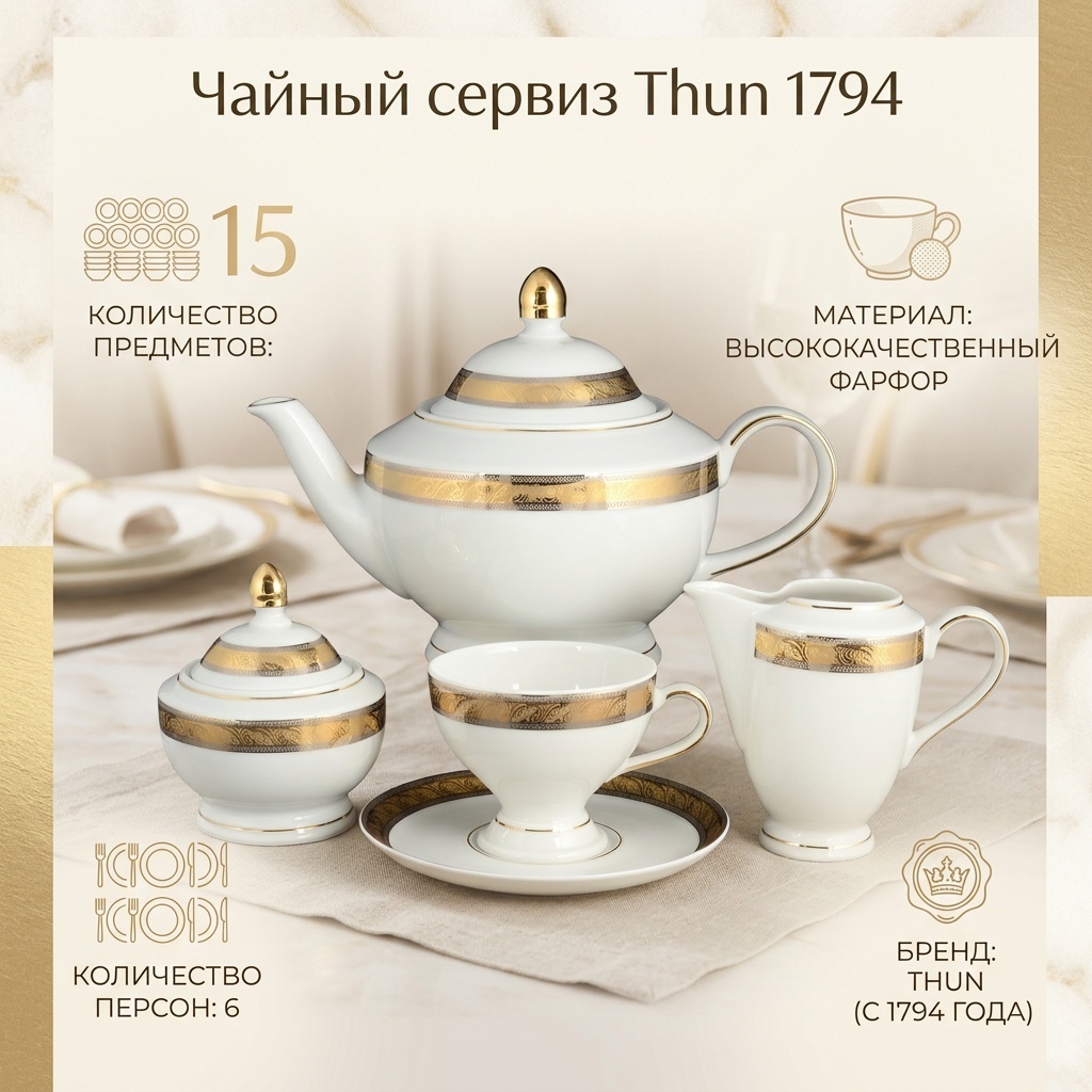 Сервиз на 6 персон Thun 1794 1734301-8700500, предметов: 15, чайный, фарфор