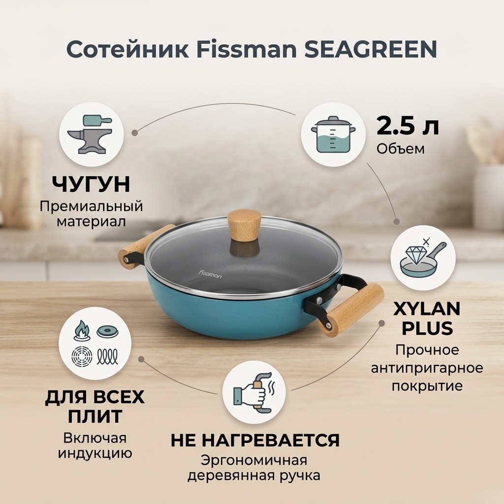 Сотейник 2.5 л, Fissman SEAGREEN чугун