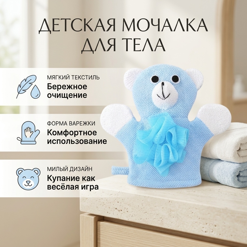 Детская мочалка для тела, универсальное голубой 1 шт