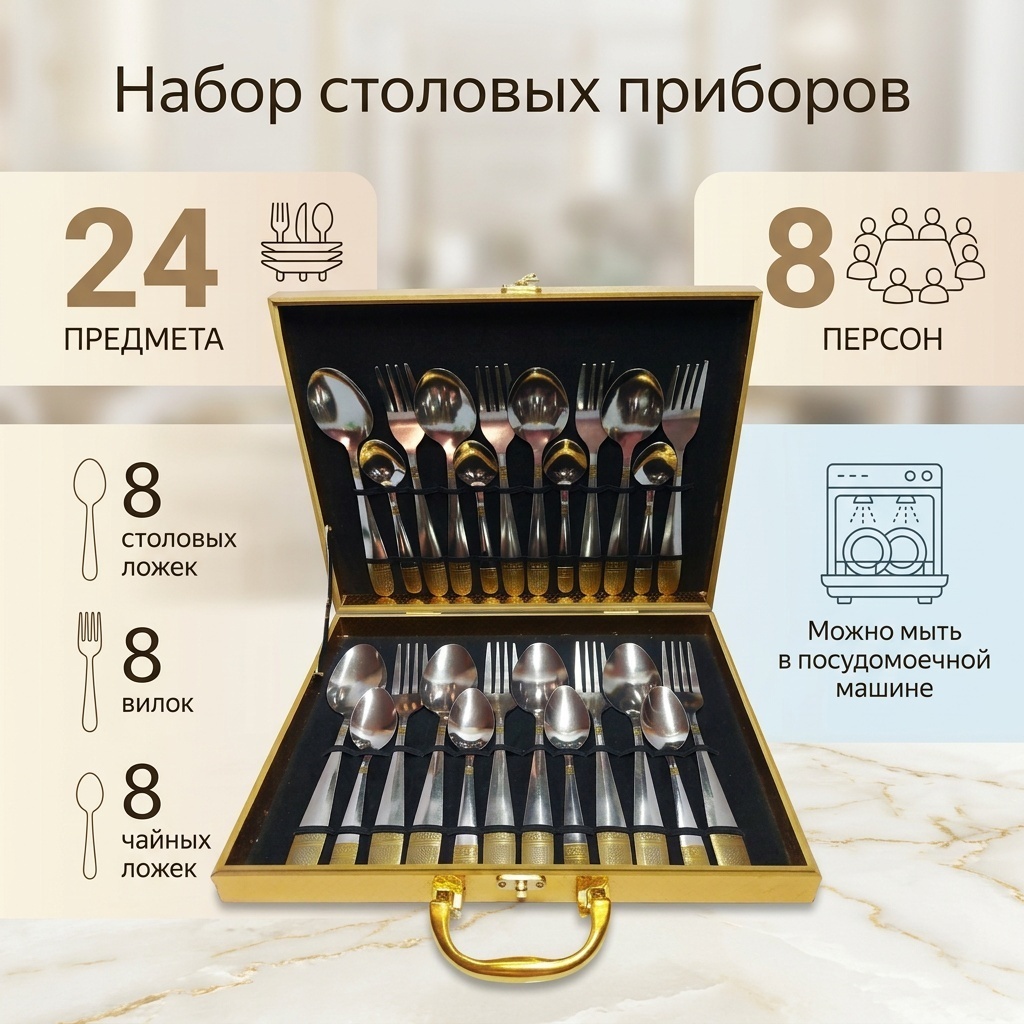 Набор столовых приборов 24 шт, золотистый 30183277