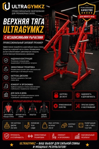 Верхняя тяга Ultragymkz Ultragymkz Верхняя тяга с независимыми рычагами / Hammer Lat Pulldown / рычажная тяга для спины