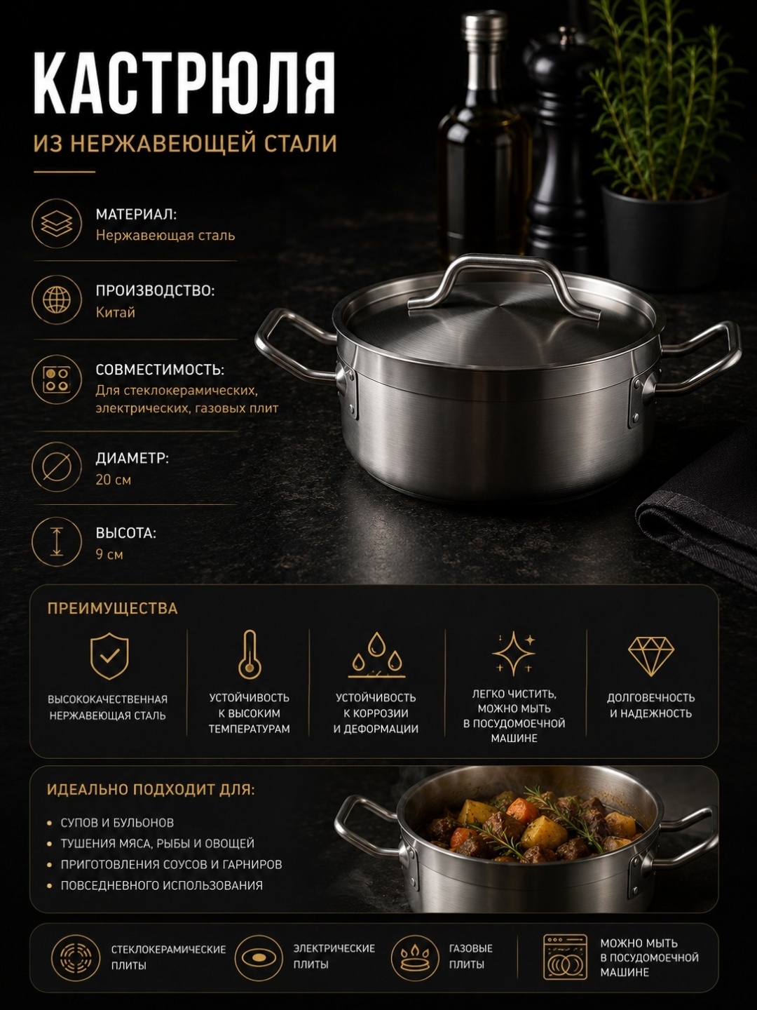 Кастрюля 2 л, Posudas 262240015 нержавеющая сталь