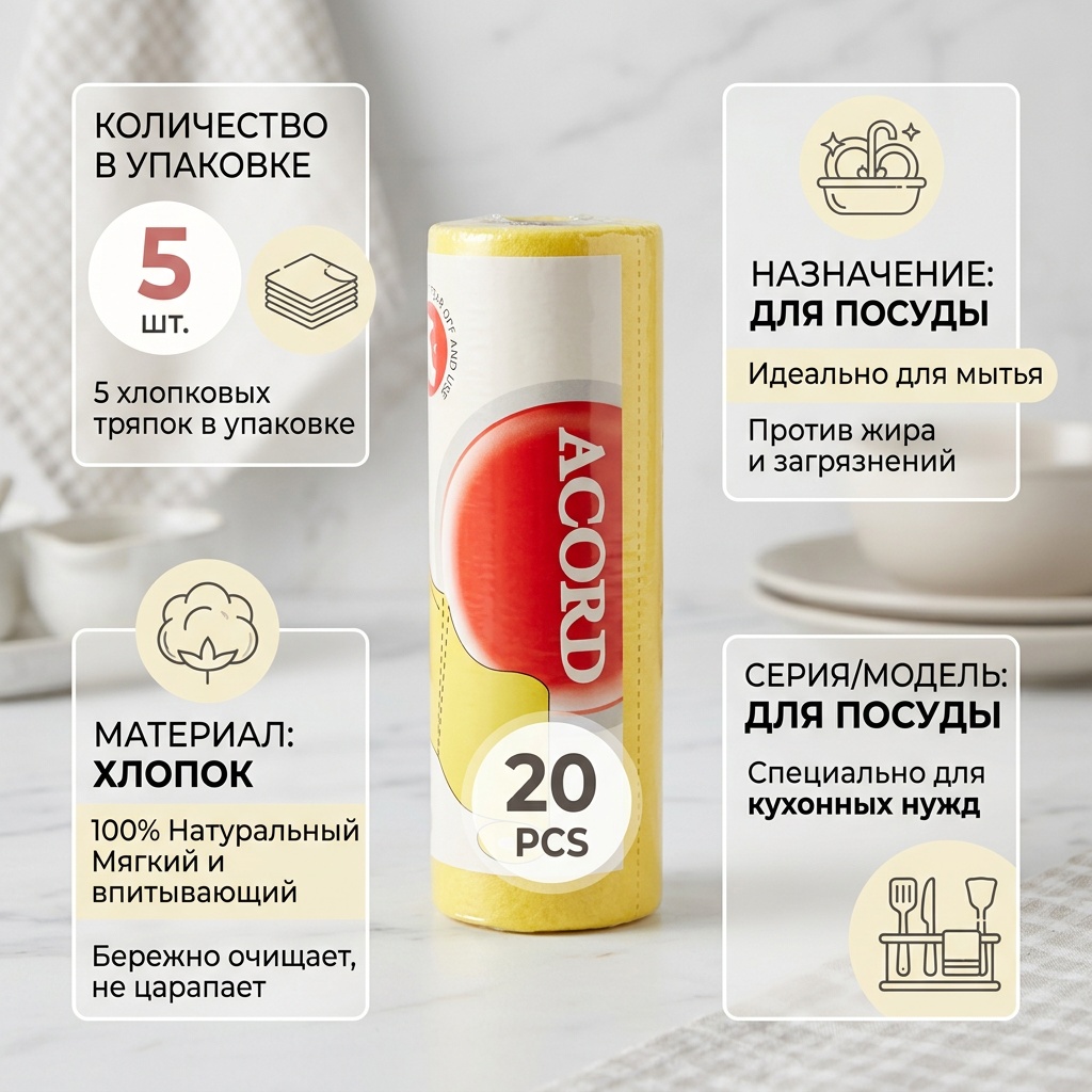 Тряпка для посуды Для посуда 5 шт, хлопок