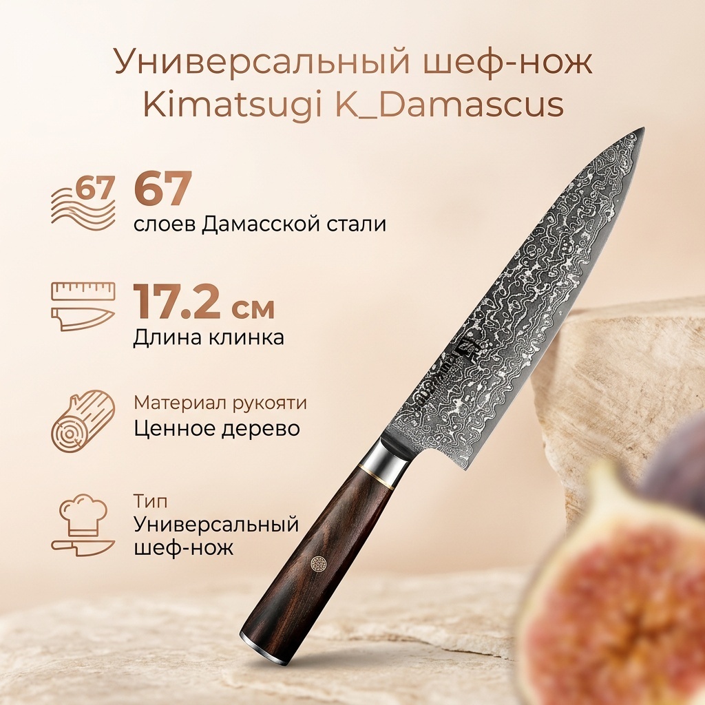 Нож универсальный , лезвие: дамасская сталь 1 шт