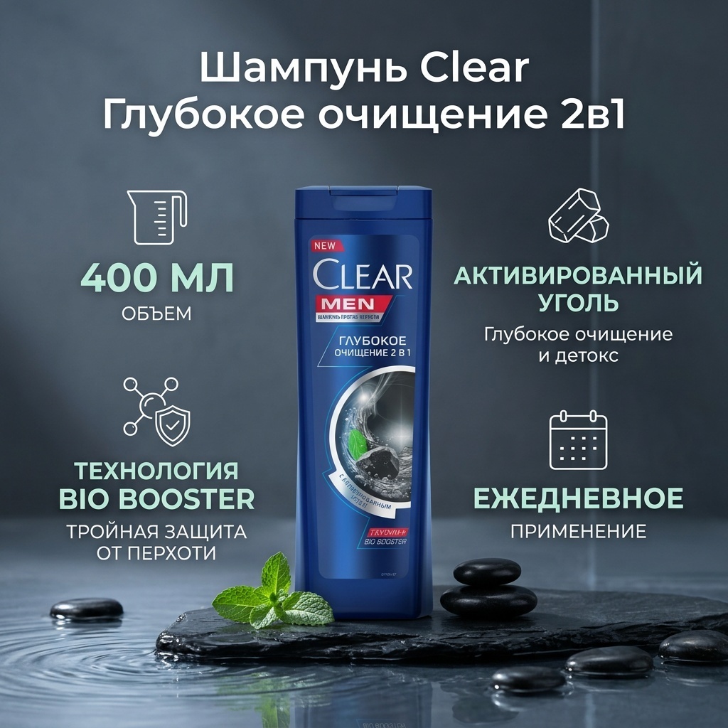 Clear Глубокое очищение 2в1 шампунь 400 мл