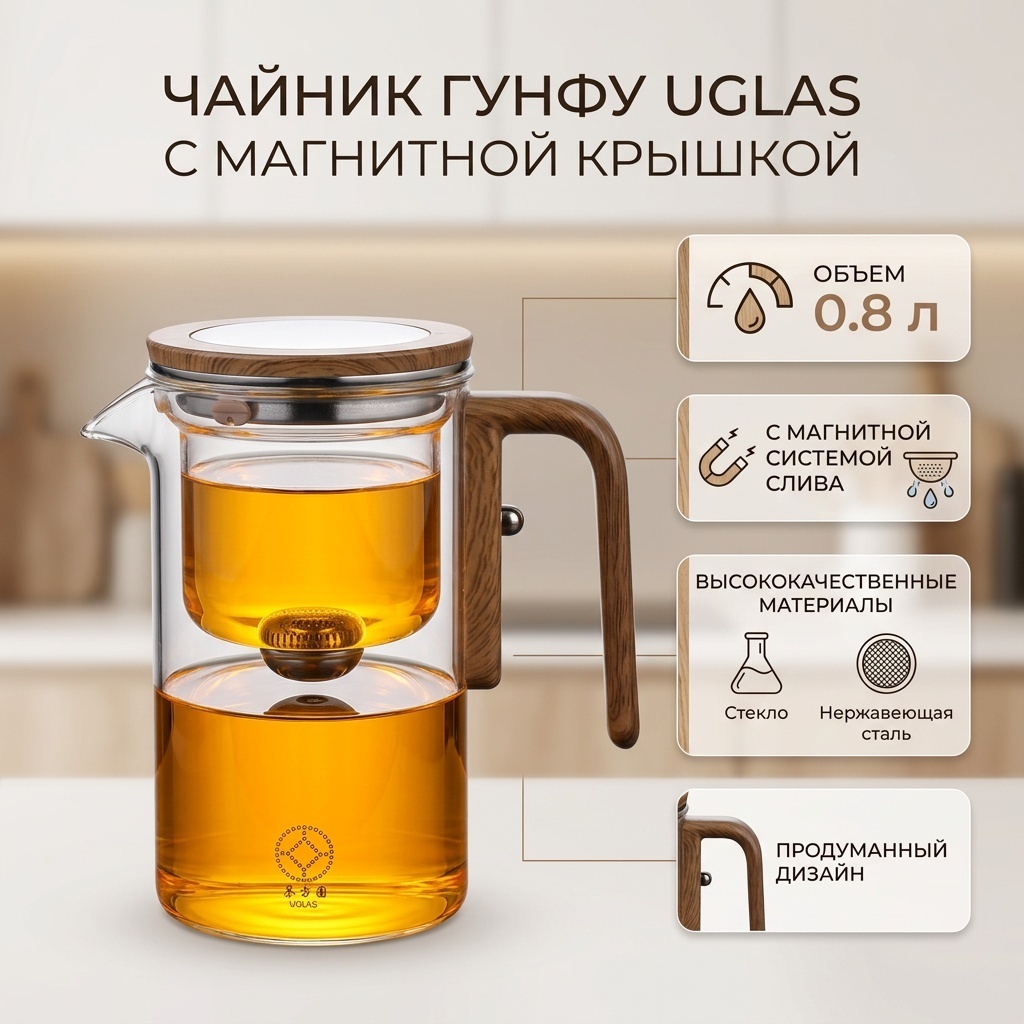 Чайник Гунфу с магнитной крышкой 0.8 л, нержавеющая сталь, стекло