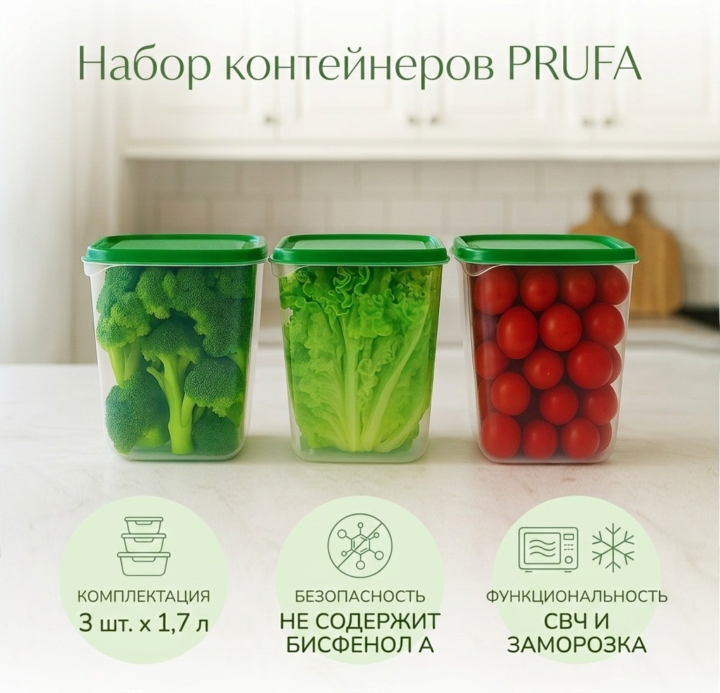 Набор контейнеров ПРУФА/PRUFA 3 шт. (3х1,7л) зеленый 3 шт, пластик, полипропилен