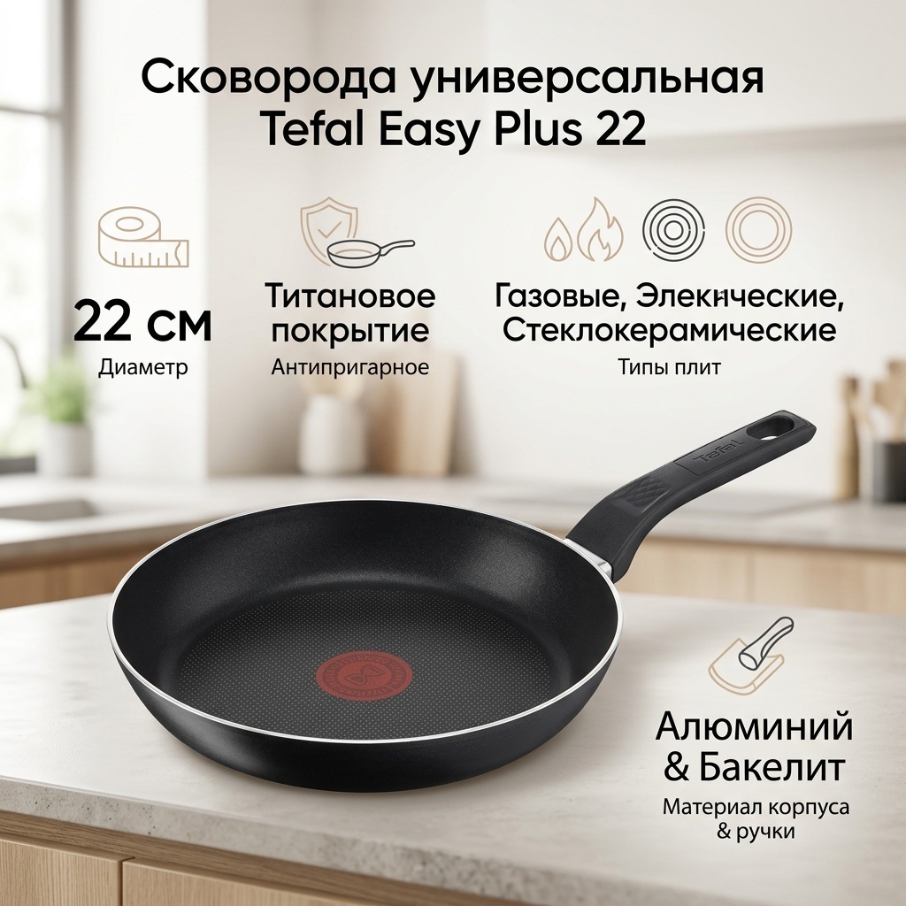 Сковорода Tefal G6 EASY PLUS 22 см с антипригарным покрытием, алюминий