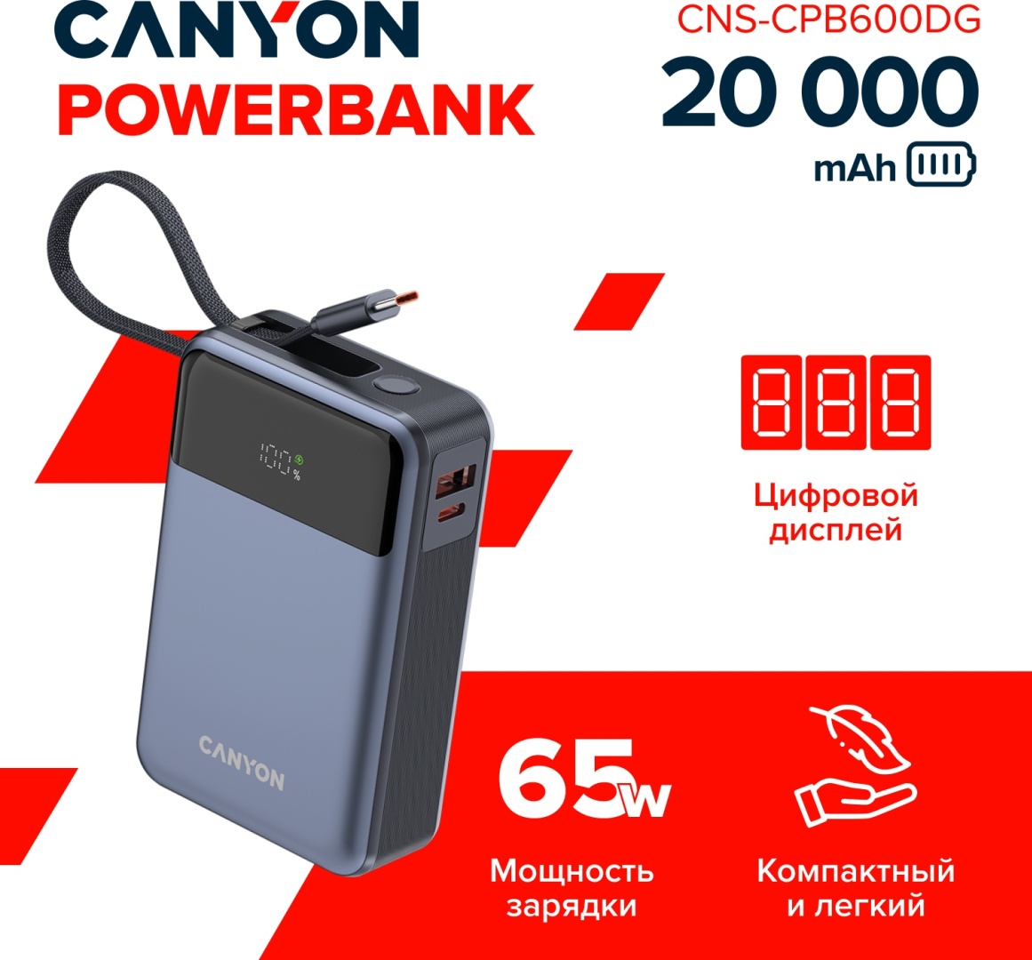 Внешний аккумулятор Canyon CNS-CPB600DG 20000 мАч 65 Вт серый