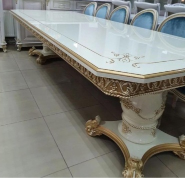 Обеденный стол QAZAQ JIHAZ Gold мрамор, 300х110x80 см, МДФ, шпон, бежевый, слоновая кость
