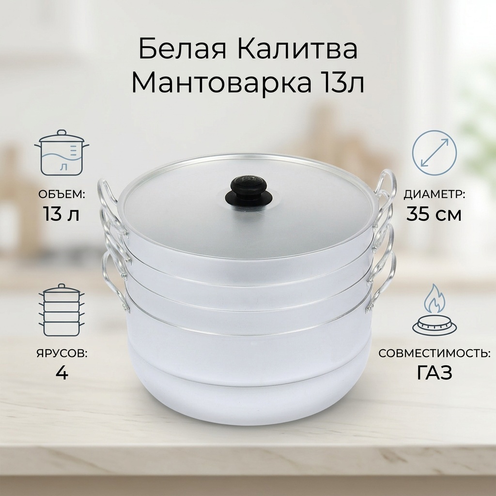 Мантоварка 13 л, Белая калитва алюминий, количество ярусов: 4