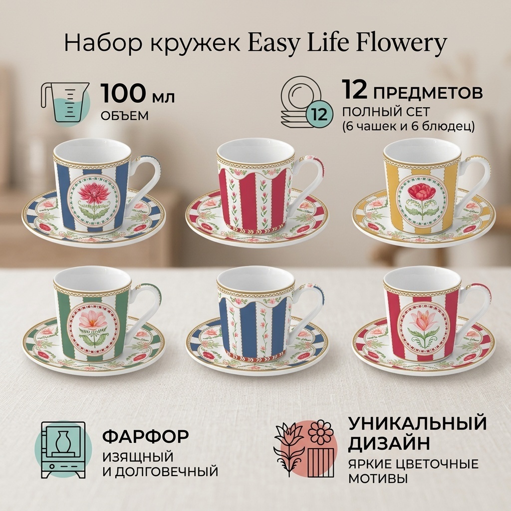 Набор кружек Easy Life , 100 мл, фарфор, 6 шт.