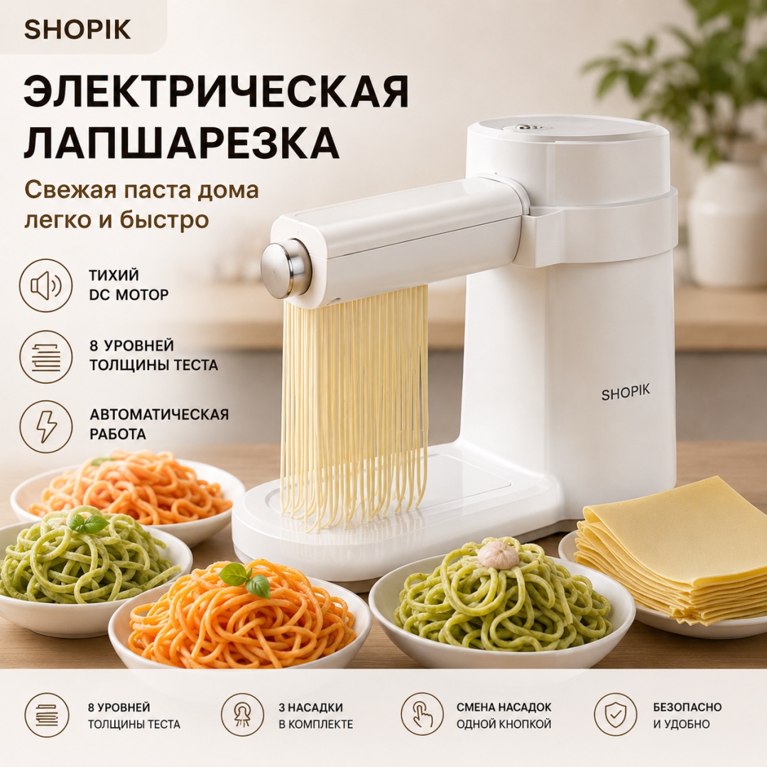 Лапшерезка электрическая SHOPIK Вид пасты:спагетти, широкая лапша, лазанья, равиоли, тонкая лапша