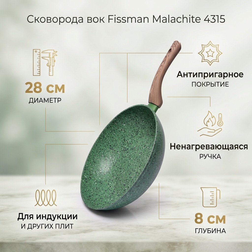 Вок Fissman Malachite 28 см с антипригарным покрытием, алюминий