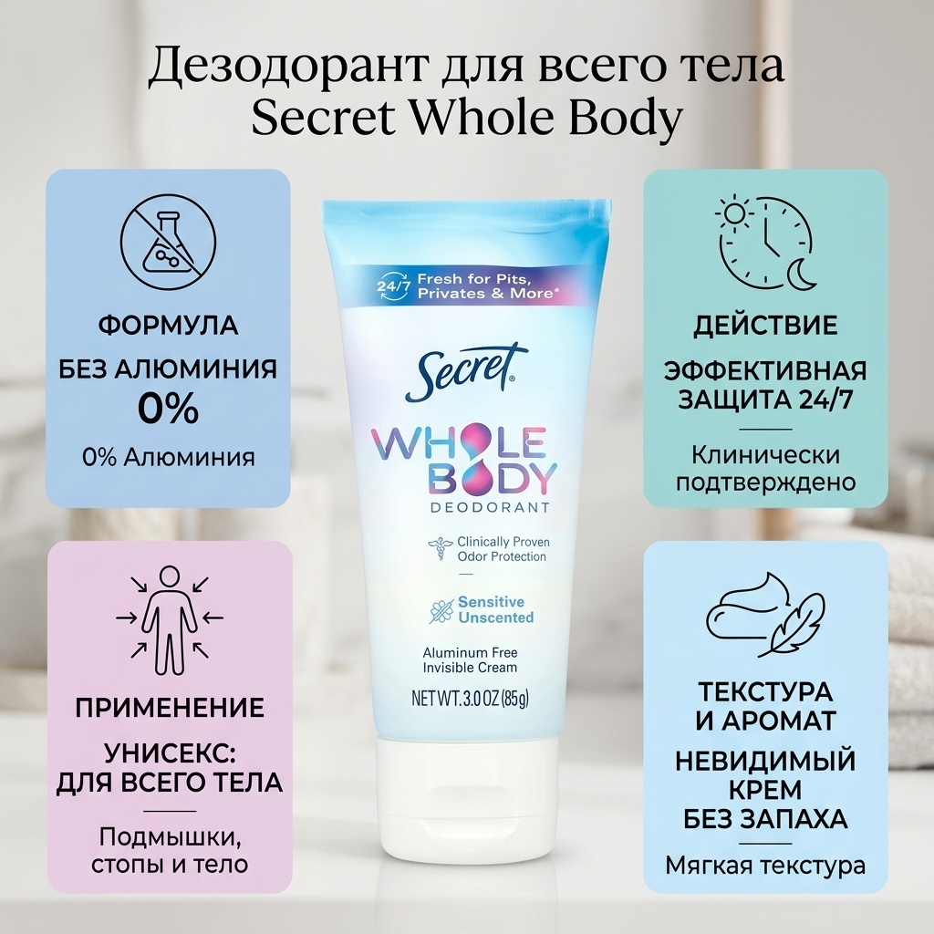 Secret Дезодорант для всего тела, без алюминия, невидимый крем, без запаха, 85 г дезодорант унисекс 85 г