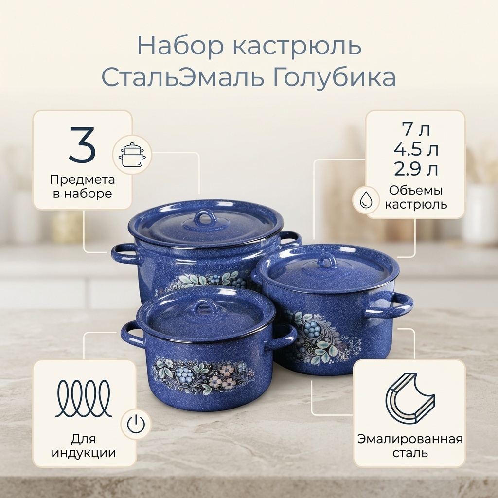 Набор кастрюль СтальЭмаль 3 в 1