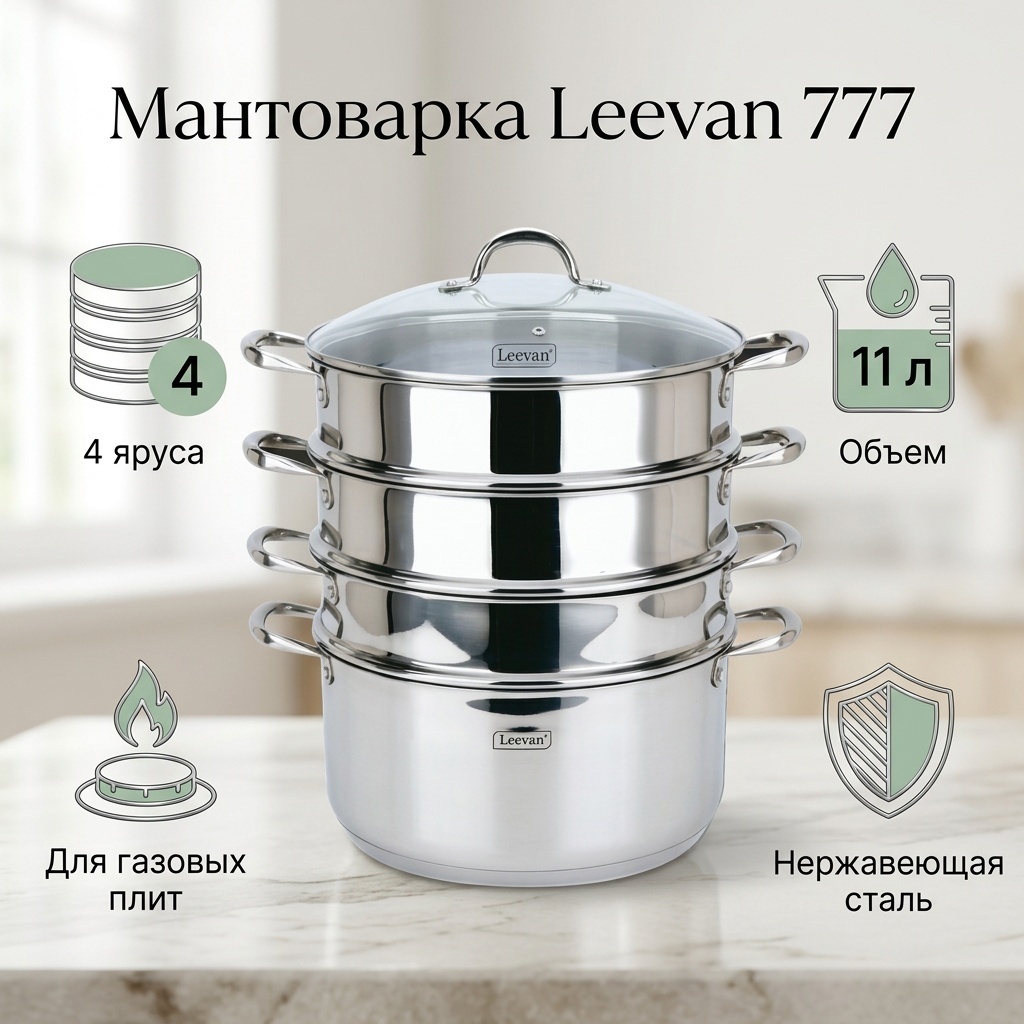Мантоварка 11 л, Leevan нержавеющая сталь, количество ярусов: 4