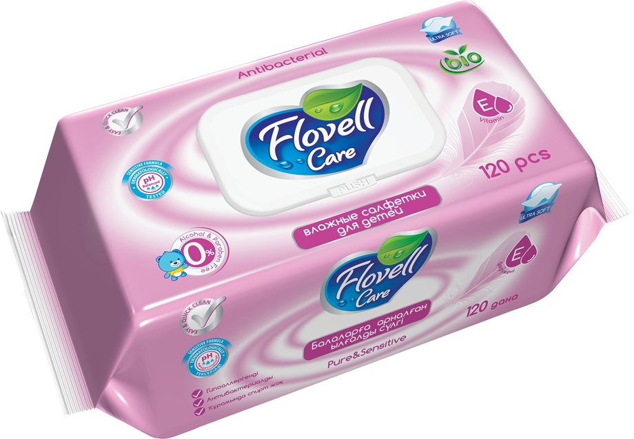 Детские влажные салфетки Flovell Care Bio 120 шт розовый
