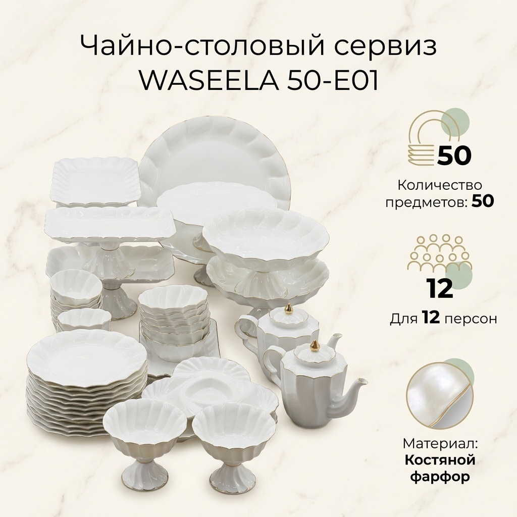 Сервиз на 12 персон WASEELA WhiteClassic, предметов: 50, чайно-столовый, костяной фарфор