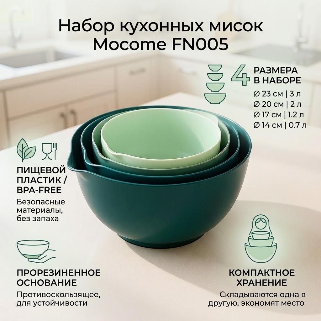 Набор мисок Mocome FN005 25х25 см, пластик, 4 шт