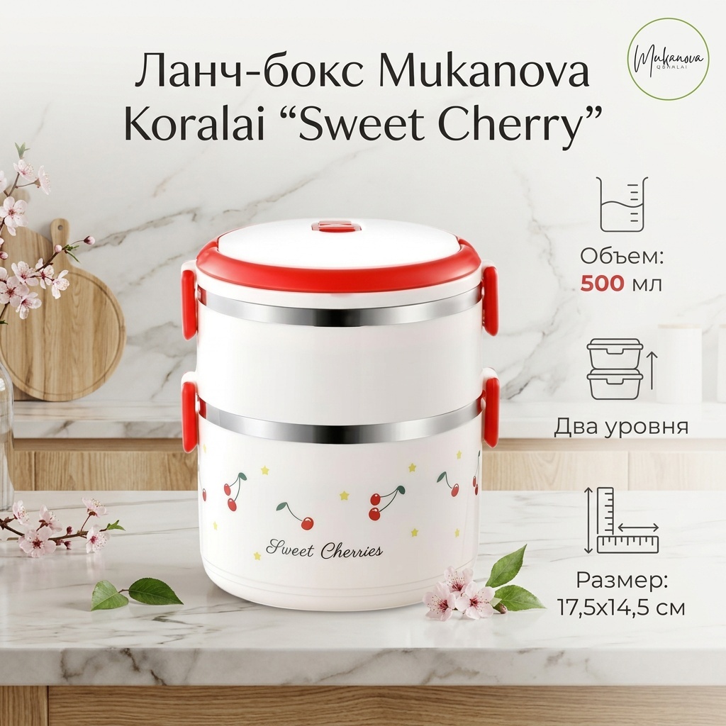 Ланч-бокс Sweet cherry 2 шт, пластик, нержавеющая сталь