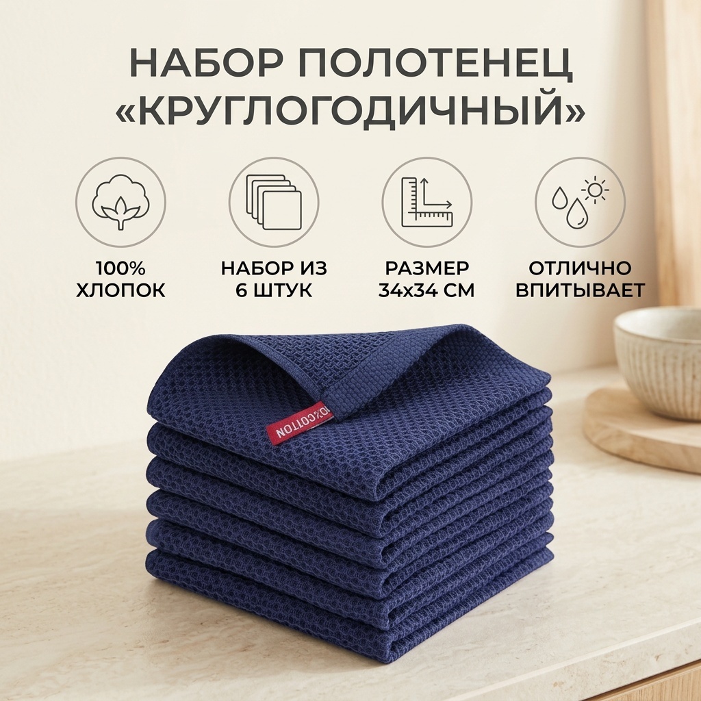 Набор полотенец 34x34 см, хлопок, 6 шт,