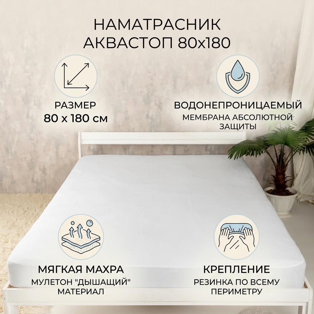 Наматрасник на резинке Аквастоп 80x180, махра, трикотаж