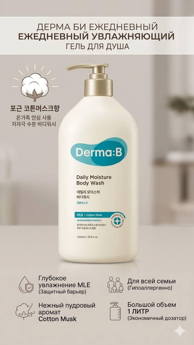 Derma-B Гель для душа увлажняющий Derma:B Daily Moisture Body Wash Cotton Musk гель 1000 мл