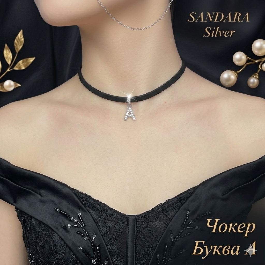 Чокер SANDARA silver Именное колье буква «А» длина 40 см вес 2 г сплав покрытый серебром 925, каучук