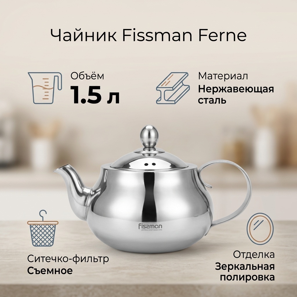 Чайник Fissman 5971 1.5 л, нержавеющая сталь