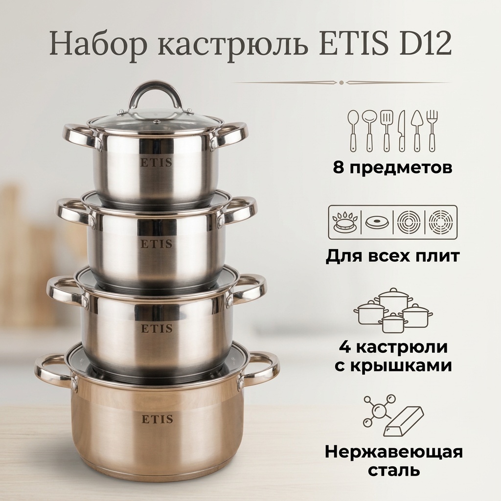 Набор кастрюль ETIS D12 8 в 1