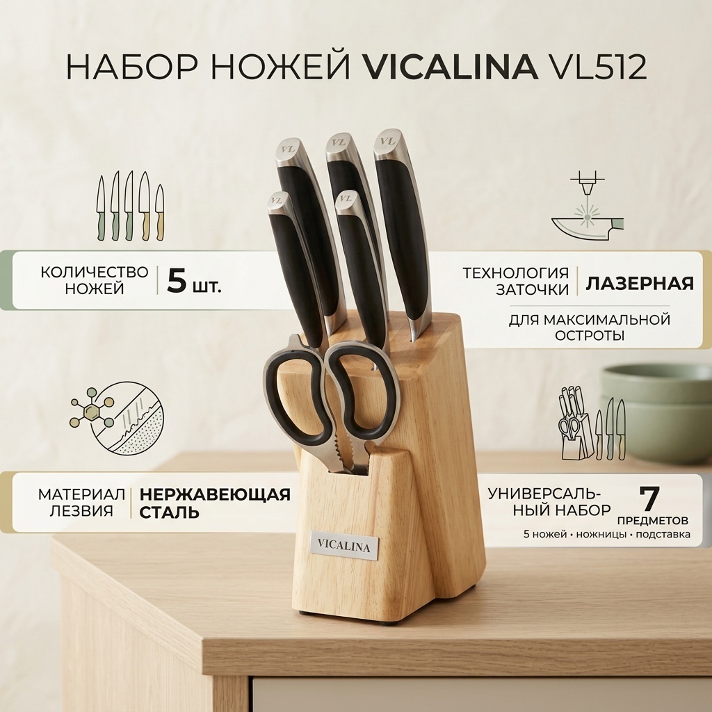 Набор ножей Vicalina VL512, лезвие: нержавеющая сталь 5 шт