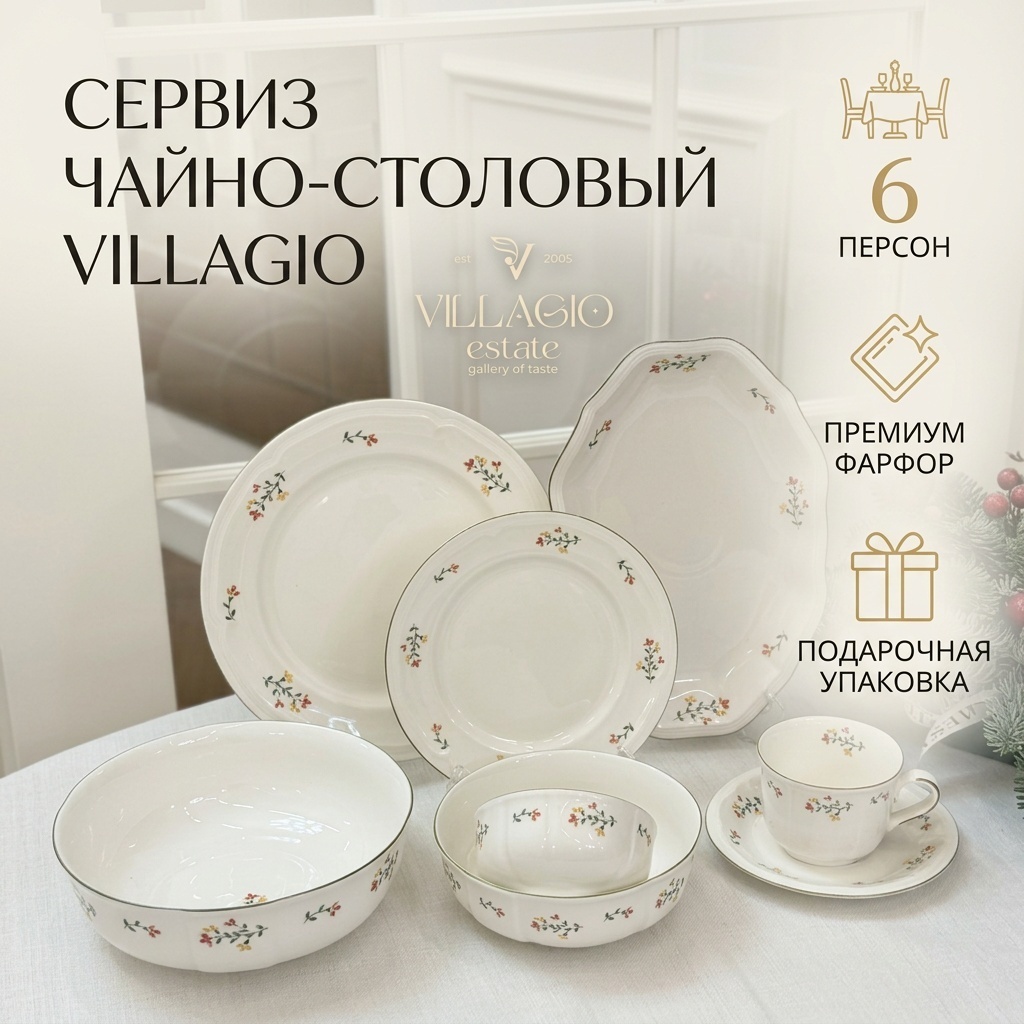 Сервиз на 6 персон VILLAGIO Цветы, предметов: 40, чайно-столовый, фарфор
