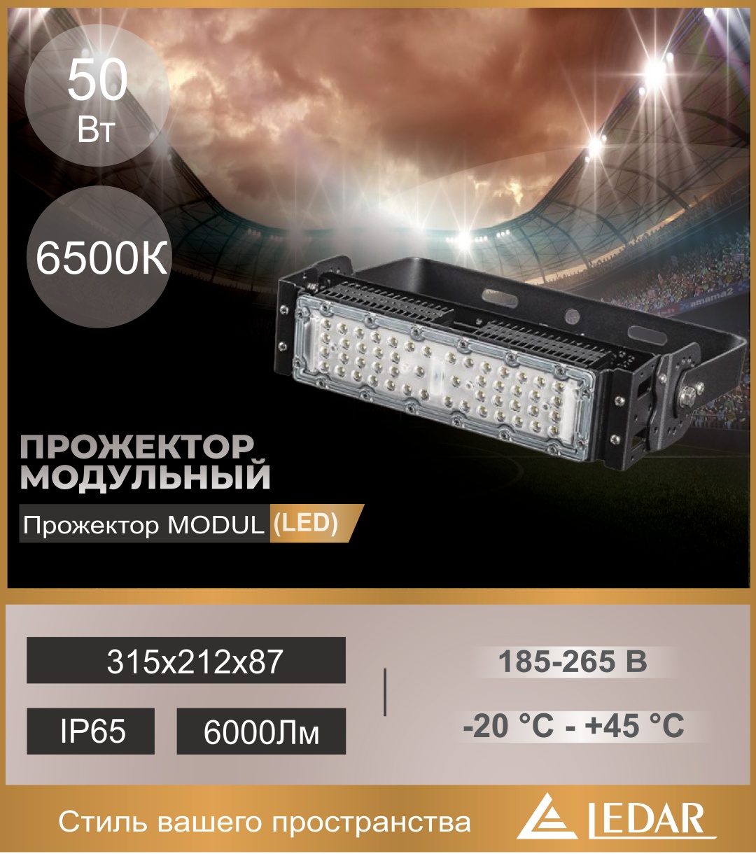 Прожектор на кронштейне LEDAR 50 Вт, холодный белый