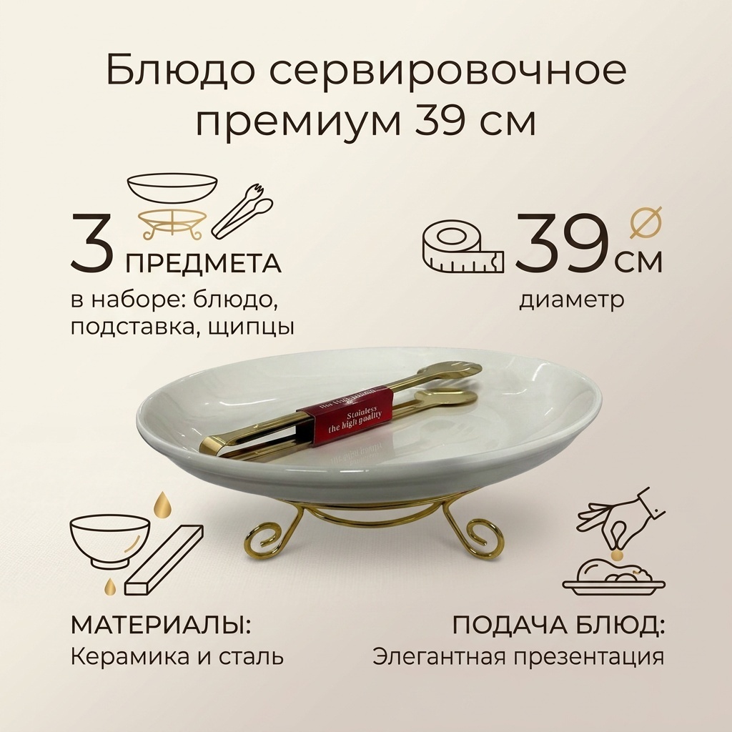 Блюдо 35х35 см, керамика, нержавеющая сталь, 3 шт