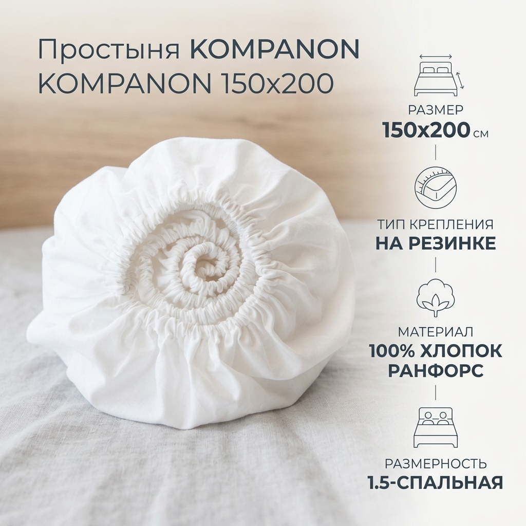 Простыня KOMPANON Белая 150x200, хлопок, ранфорс