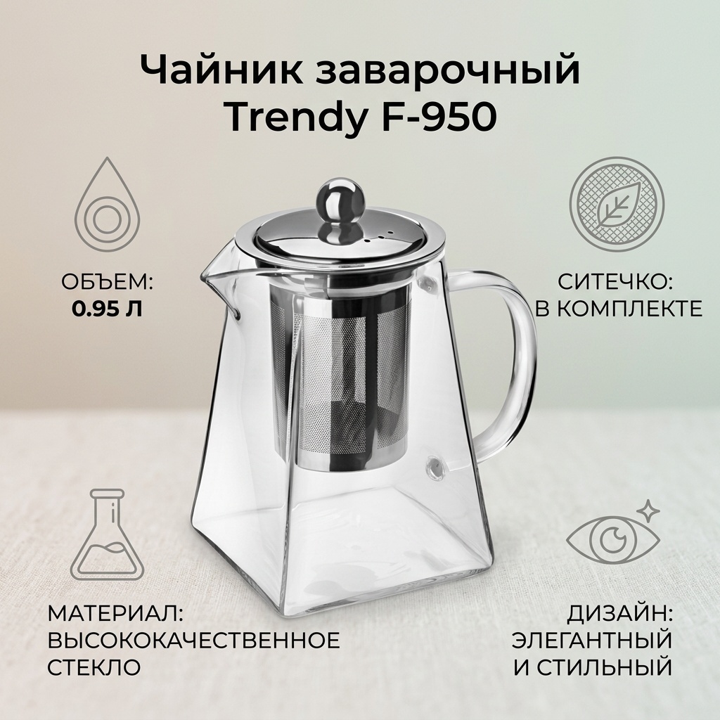 Чайник Trendy F-950 0.95 л, стекло