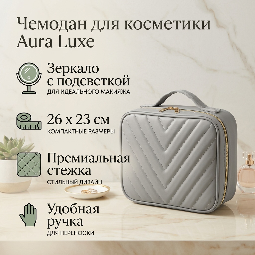 Бьюти-кейс искусственная кожа, экокожа серый 23X26 см