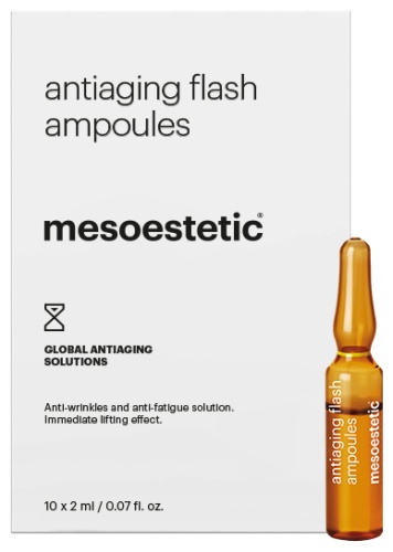 Mesoestetic ампульная сыворотка antiaging flash ampoules для лица, для зоны декольте, для области вокруг глаз 10 шт по 2 мл