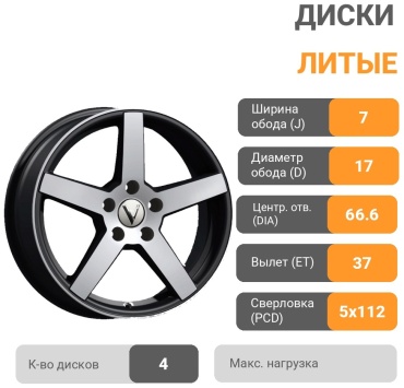 Вектор B261 7x17/5x112 D66.6 ET37 4 диска черный, серебристый