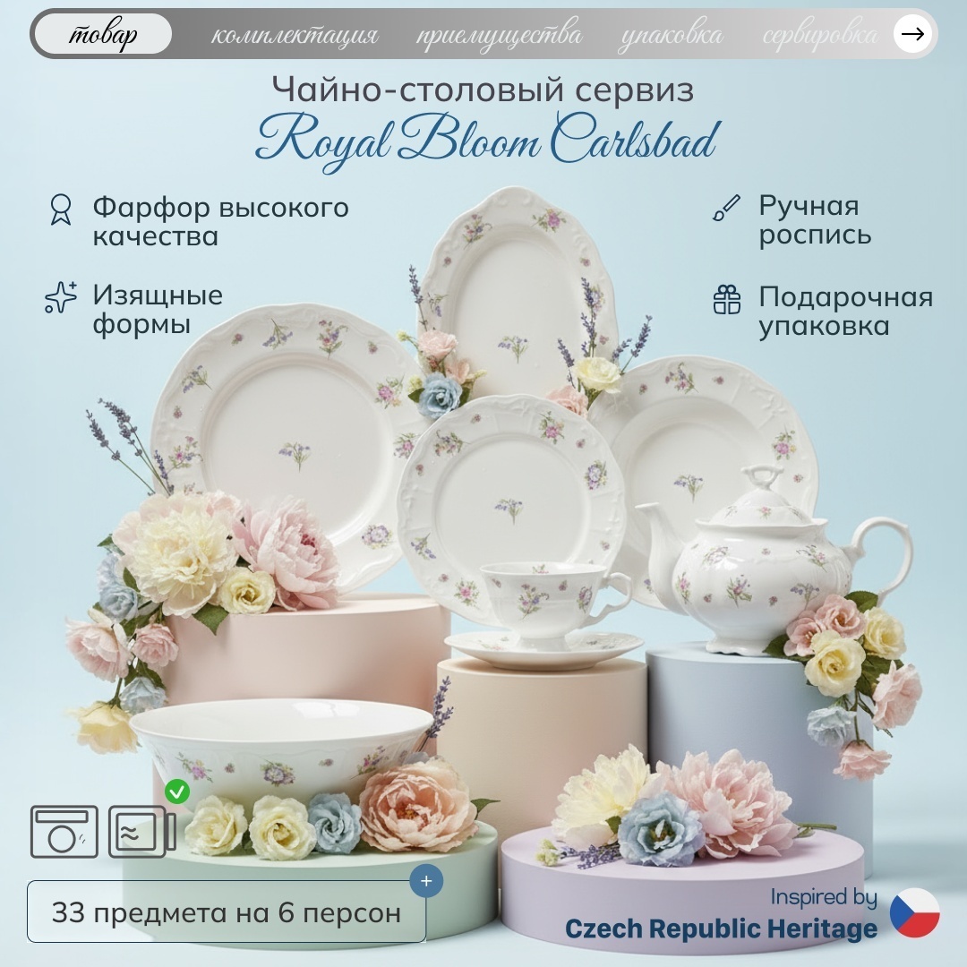 Сервиз на 6 персон VELURIA Royal Bloom, предметов: 33, чайно-столовый, фарфор