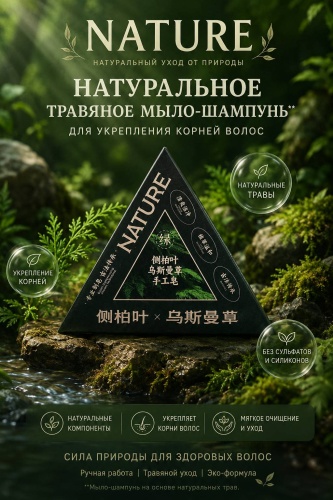 Кусковое мыло банное Nature Натуральное травяное мыло-шампунь для укрепления корней волос Травяной 120 г
