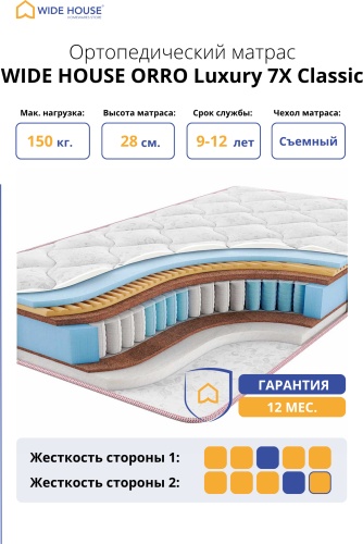 Матрас WIDE HOUSE ORRO Luxury 7X Classic, 140x220x28 см