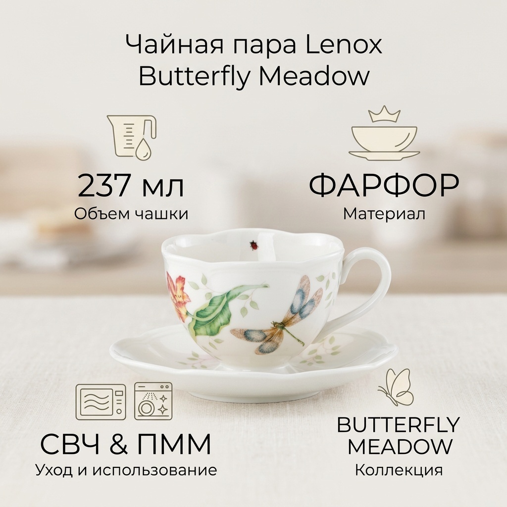 Чайная пара Lenox «Butterfly Meadow», 237 мл, фарфор, 1 шт.