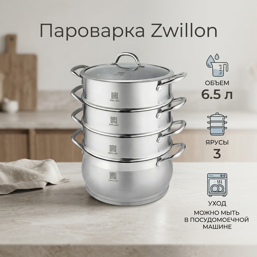 Пароварка 6.5 л, ZWILLON ZW-0224 нержавеющая сталь, количество ярусов: 3